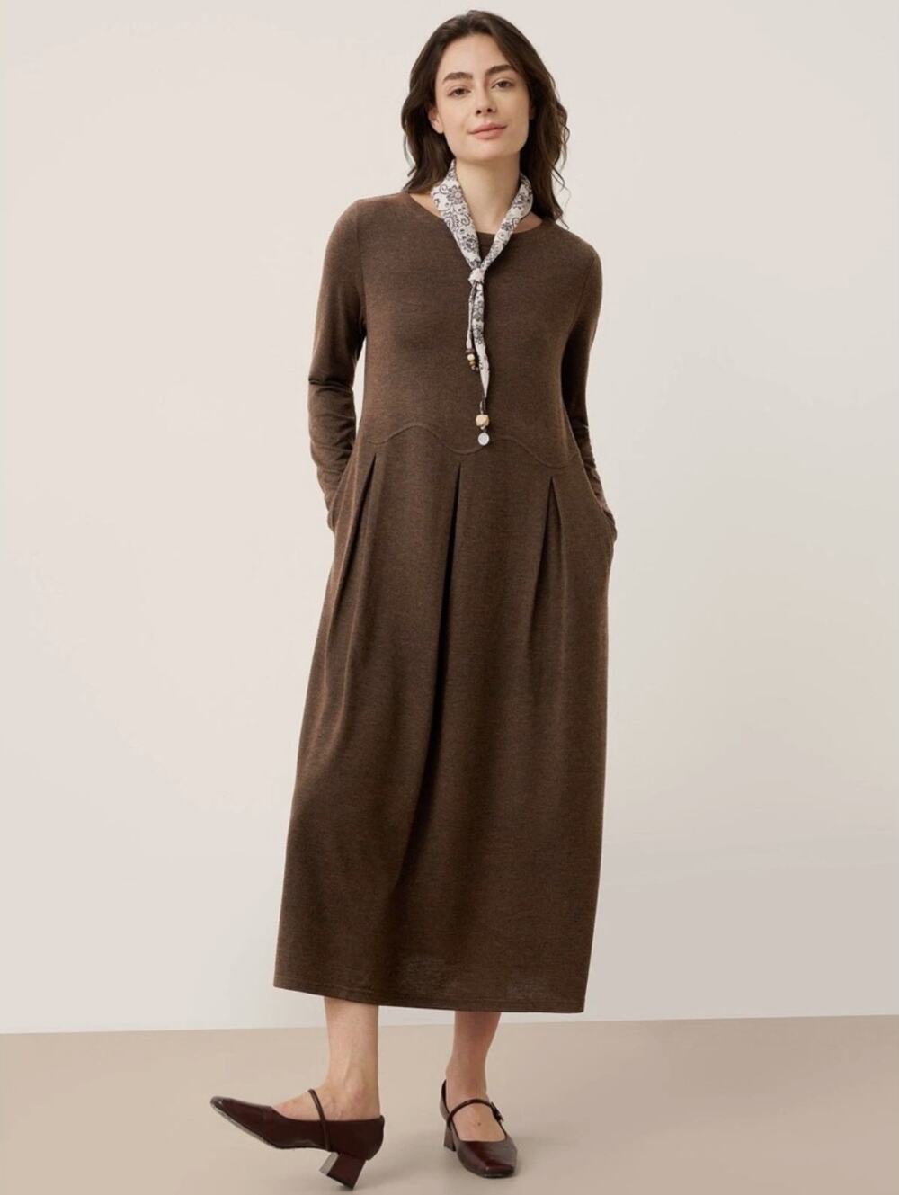 Lintico Calista Midi Dress NEW Brown Small modest wool blend minimalist